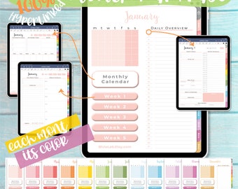 Undated Digital Planners with hyperlinks for Ipad best apps: Goodnotes, Noteshelf, Notability - Monthly Weekly & Hourly Daily schedule