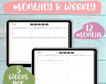 Minimalist digital planner Black and white monthly and weeky schedule 12 Months 5 Weeks per month plus 30 Editable pages 100% hyperlinked