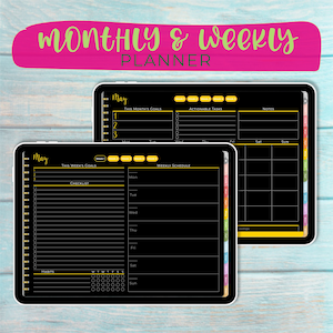 Landscape weekly and monthly digital planner with black background & pastel tabs 107 Hyperlinked pages 30 Empty pages for your pdf templates