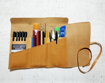 Leather roll up pencil case with compartments for artist & crafter tools Personalized graduation gift or Birthday Gift Idea