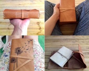 Personalized leather journal Notebooks cover with hand painted dandelion or any drawing to Your choice Refillable wrap journal with strap