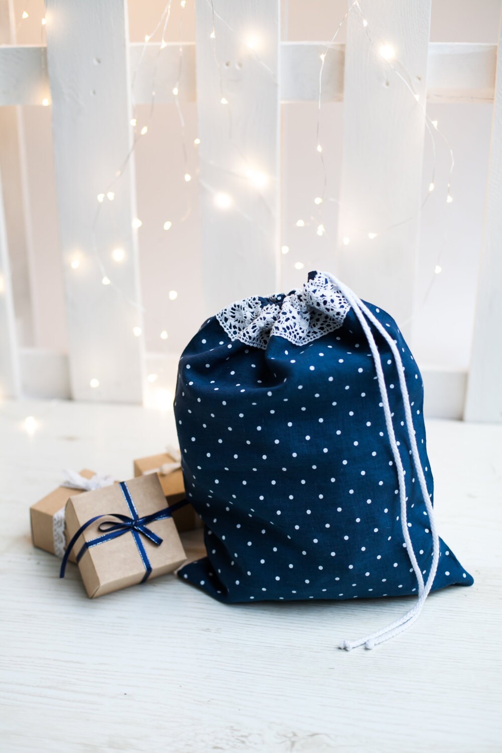 Navy blue gift bag Reusable linen bag Drawstring bag Etsy
