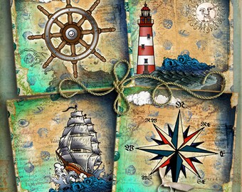 Nautical images Printable Collage for Coasters Greeting Cards Magnets Gift tags 4 Printable Cards Clip Art 4x4 inch Square Background o29