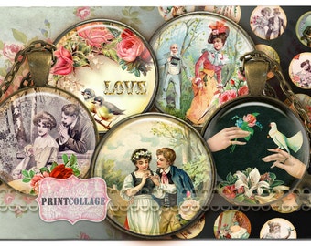 Love, Victorian Digital Collage Sheet Cabochon images 1.5 inch 18 mm 14 mm 1 inch circle Printable images Instant download bottle caps c153