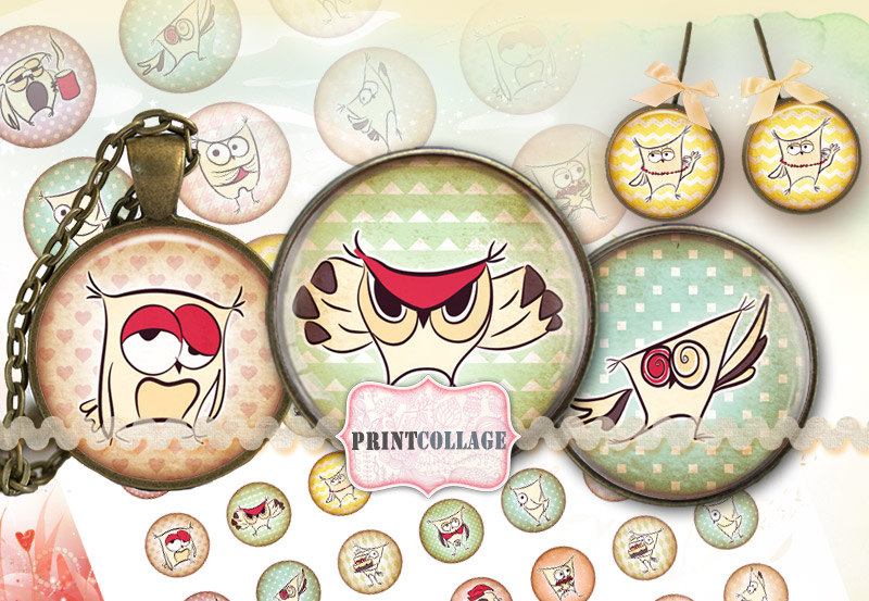 Cute OWL Cabochon images Digital Printable Sheet 1.5 inch 1 inch 20mm, 16 mm round images Printable 