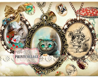 Alice in Wonderland Printable Images: Oval Cabochons for Jewelry (Digital Download)
