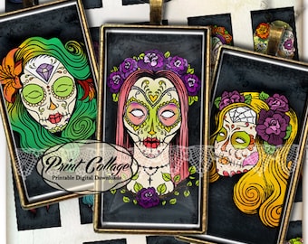 Domino Pendants Printable images  Digital Collage Sheet 1 x 2 inch Jewelry Backgrounds Clip Art Sugar Skulls c29
