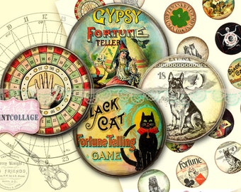 Fortune Teller Printable Images: Gypsy, Black Cat, Dog (Digital Download)