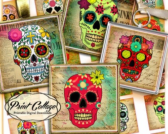 Sugar Skulls Vintage Square Printable Scrabble Tile images Digital Collage Sheet 1.5 inch 1 inch 20 mm for pendants magnets c174