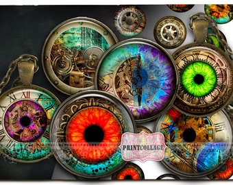 Steampunk-afbeeldingen Digitaal afdrukbaar blad Cabochonafbeeldingen 1,5 inch 1 inch 18 mm, 14 mm ronde afbeeldingen Afdrukbare afbeeldingen Instant download C190
