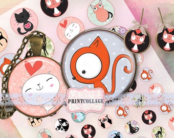 Cat images Cabochon images Digital Printable Sheet 1.5 inch 1 inch 20 mm 16 mm round images Printable images for pendants images C61