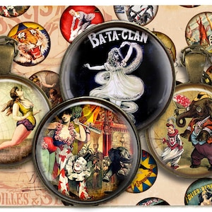 Zirkus Vintage Digital Collage Sheet Druckbare Bilder für Flaschenverschluss 1.5 zoll 18 mm 14 mm Cabochon Cabochon Bilder Instant download c94 Bild 1