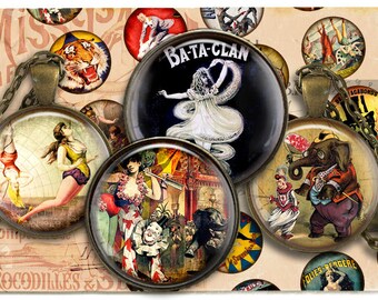 Circus Vintage Digital Collage Sheet Immagini stampabili per tappo di bottiglia 1,5 pollici 18 mm 14 mm 1 pollice cerchio Cabochon immagini Download immediato c94