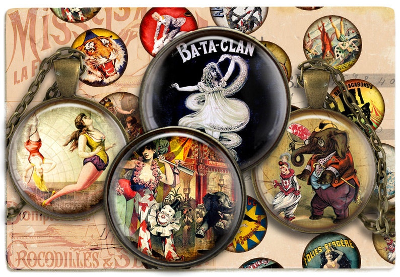 Zirkus Vintage Digital Collage Sheet Druckbare Bilder für Flaschenverschluss 1.5 zoll 18 mm 14 mm Cabochon Cabochon Bilder Instant download c94 Bild 1