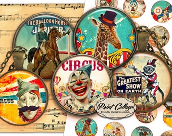 Vintage Circus Digital Collage Sheet Cabochon images 1.5 inch 1 inch 18 mm 14 mm circle Printable images Instant download bottle caps c266