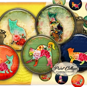Cat silhouette flowers Cabochon Digital Collage Sheet 1.5 inch 16 mm 12 mm 1 inch digital download Bottle Cap images printable download c227