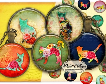 Cat silhouette flowers Cabochon Digital Collage Sheet 1.5 inch 16 mm 12 mm 1 inch digital download Bottle Cap images printable download c227