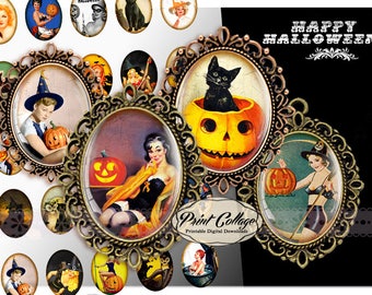Halloween Pin Up, Digital Printable Sheets 30x40 30x22 25x18 18x13mm Cabochon oval images Clip Art for pendants Instant download images C122