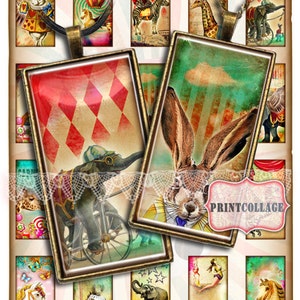 May include: A set of 12 vintage circus themed digital collage sheets. The sheets feature images of animals, a hot air balloon, a carousel horse, a giraffe, and a rabbit. The sheets are perfect for scrapbooking, card making, and other craft projects.