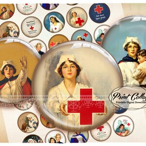 May include: A collection of circular vintage images depicting nurses and red crosses. The images are set against a cream background. Some circles contain text. The theme is related to nursing and healthcare.