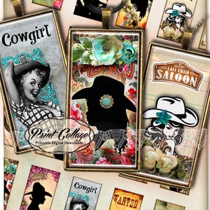 Domino Pendants Printable images  Digital Collage Sheet 1 x 2 inch Jewelry Backgrounds Clip Art Cow Girl c105