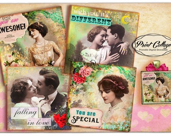 Vintage Love, Romantic Coaster images Printable Collage Sheet for Greeting cards,Magnets,Gift tags Set of 4 Printable Cards 4x4 inch O44