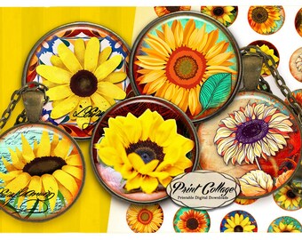 Sunflower Autumn Beauty Cabochon images, Digital Download, Pendant, Earring Images, 1.5 inch, 16 mm 12 mm 1 inch circle Printables c276
