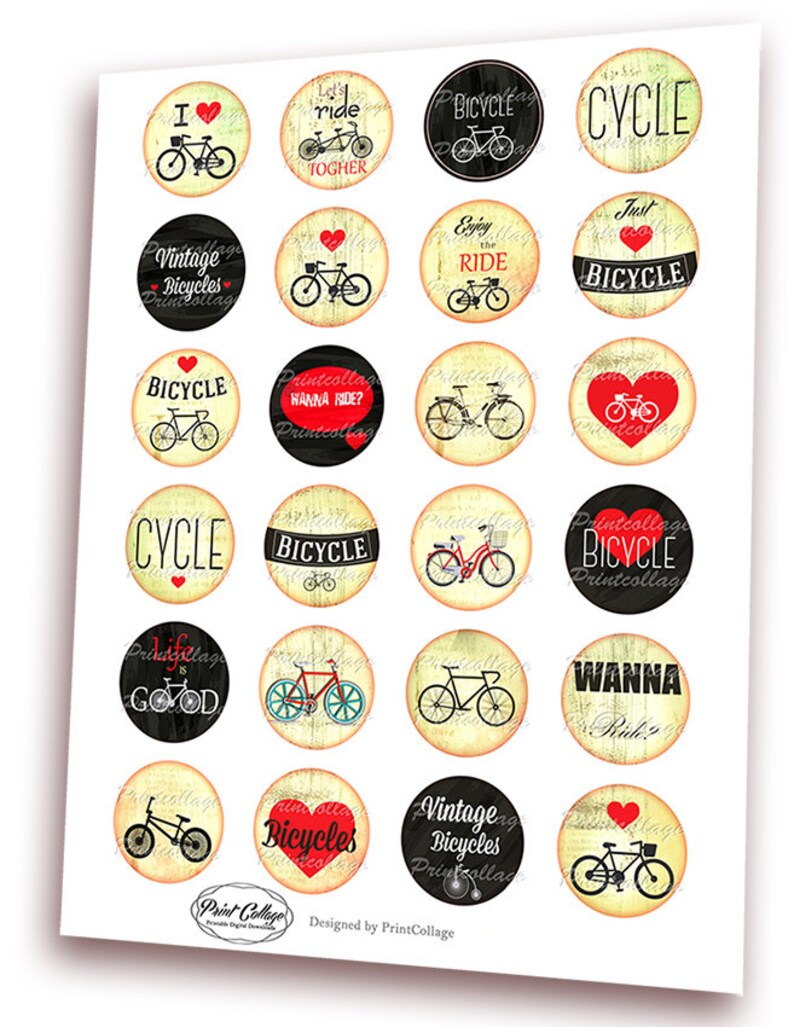 Bicycle motivational images Digital Printable Cabochon images 1.5 inch 1 inch 18 mm 14mm round images Printable images Instant download C197 image 2