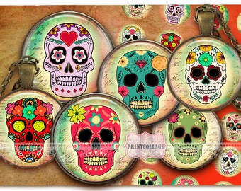 Hoja digital imprimible Imágenes de Cabochon 1.5 pulgadas 1 pulgada 18,14mm imágenes redondas Imágenes imprimibles para colgantes Descarga instantánea Sugar Skulls C174