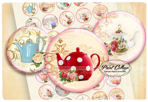 Shabby Chic TeaPot Buttons PinBack Digital Printable Images for Button machine 1.313 inch Flatback Buttons, Flair Buttons, Clip art b97