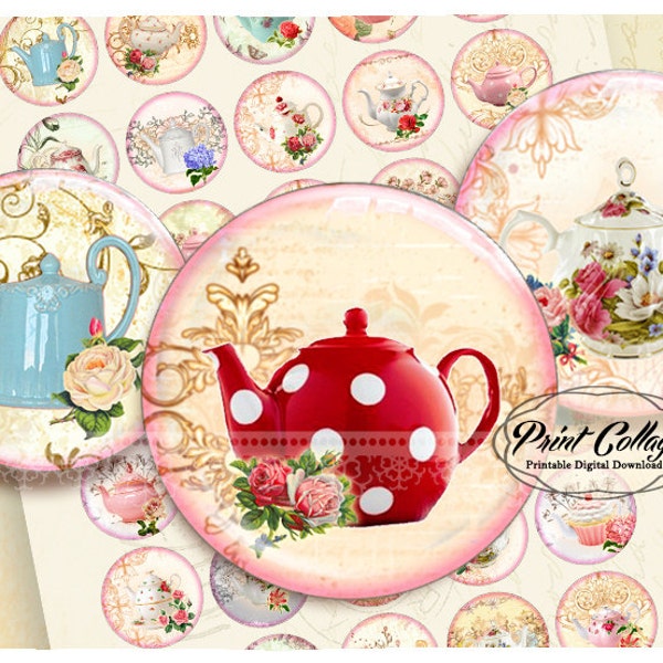 Shabby Chic TeaPot Buttons PinBack Digital Printable Images for Button machine 1.313 inch Flatback Buttons, Flair Buttons, Clip art b97