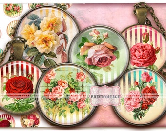 Victorian Roses Flowers Digital Collage Sheet Cabochon images 1.5 inch 18mm 14mm 1 inch circle Printable Instant download bottle caps c137