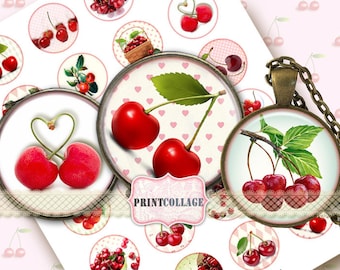 Cherries Digital Collage Sheet Printable images for Bottle Cap 1.5 inch 18mm 14mm 1inch circle Cabochon images Instant download c58