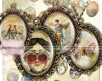 Steampunk Digital Printable Sheet Cabochon oval images Clip Art for pendants Instant download images 40x30 30x22 25x18 18x13mm C16