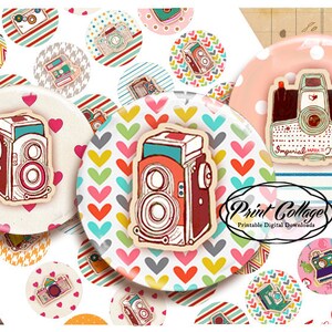 Vintage Camera, Pinback, Flatback Buttons, Flair Buttons, Instant download Digital Printable Sheet circles for button machine 1.313 inch b89