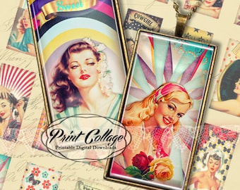 Pin Up Girls Digital Collage Sheet 1 x 2 inch Domino Pendants Printable images Jewelry Backgrounds c195