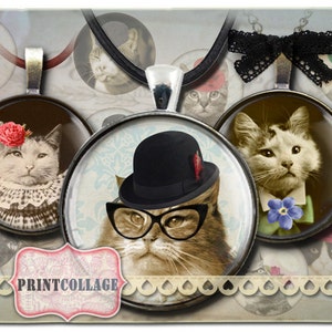 Cat animal fashion images Digital Printable Sheet Cabochon images 1.5 inch 1 inch 18 mm, 14 mm round Printable images Instant download c44