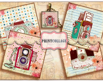 Vintage Camera Printable Collage Sheet for Coasters printable scrabble tile images Magnets Gift tags Set of 4 Printable Cards 4x4 inch O22