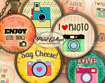 Camera vintage Digital Printable Cabochon images 1.5 inch, 1 inch, 18 mm, 14 mm round images Printable images Instant download C199