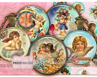 Vintage Angels Cabochon images Digital Collage Sheet Printable images 1.5 inch 18 mm 14 mm 1 inch circle Instant download bottle caps c152