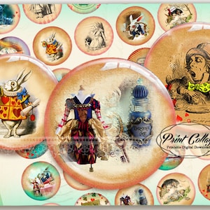 Könnte beinhalten: Eine digitale Collage mit Illustrationen aus Alice im Wunderland. Das Bild enthält kreisförmige Designs mit Charakteren wie dem weißen Kaninchen, dem Hutmacher und einem Kleid. Eine blaue Flasche mit dem Text "DRINK ME" und ein Schlüssel sind ebenfalls vorhanden.