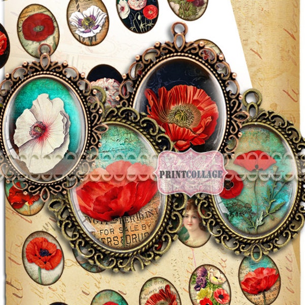 Vintage Poppy Flowers Digital images 30x40, 30x22, 18x25, 13x18mm Cabochon ovals for pendants, Instant download C112