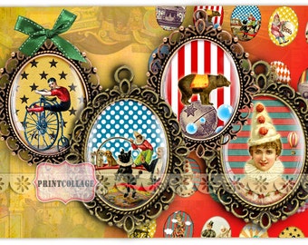 Circus - Digital Printable Sheet 40x30 30x22 25x18 18x13mm Cabochon oval images Clip Art for pendants Instant download images C167