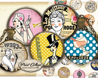 Art Deco Women Cabochon images, Digital Download, Collage Images, 1.5 inch, 16 mm 12 mm 1 inch Bottle Cap, printable download c234