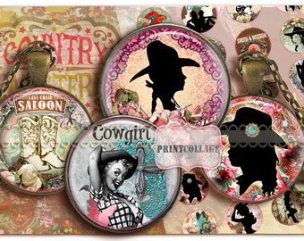 Western Cowgirl Digital Collage Sheet Printable images 1.5 inch 18 mm 14 mm 1 inch circle Instant download bottle caps Cabochon images C105