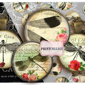 Digital Collage Sheet Printable images 1.5 inch 18mm 14mm 1inch circle Cabochon images Instant download Vintage Dragonfly images c100