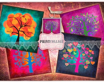 Colorful Tree Coasters Set of 4 Printable Cards Printable Collage Sheet for Coasters Greeting cards Magnets Gift tags 4x4 inch O16