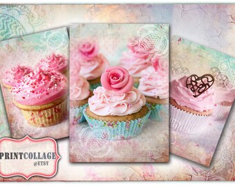 Etiquetas imágenes cupcake, Scrapbooking, etiquetas y tarjetas de regalo diseñadas, papel imprimible para los soportes de joyería, hoja de collage digital _T07