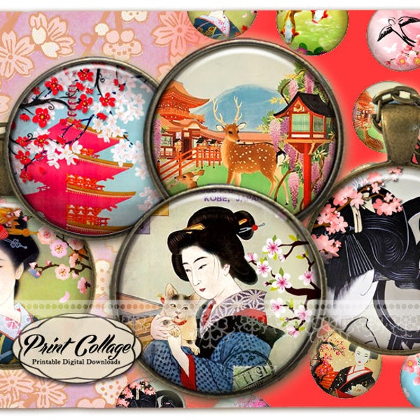 Geisha ornamentale foglio stampabile digitale Cabochon immagini 1,5 pollici 1 pollice 16,12 mm rotondo Stampabile per ciondoli Download istantaneo c261