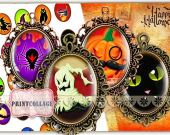 Digital Printable Sheets Happy Halloween 40x30 30x22 25x18 18x13 mm Cabochon oval images Clip Art for pendants Instant download images C121